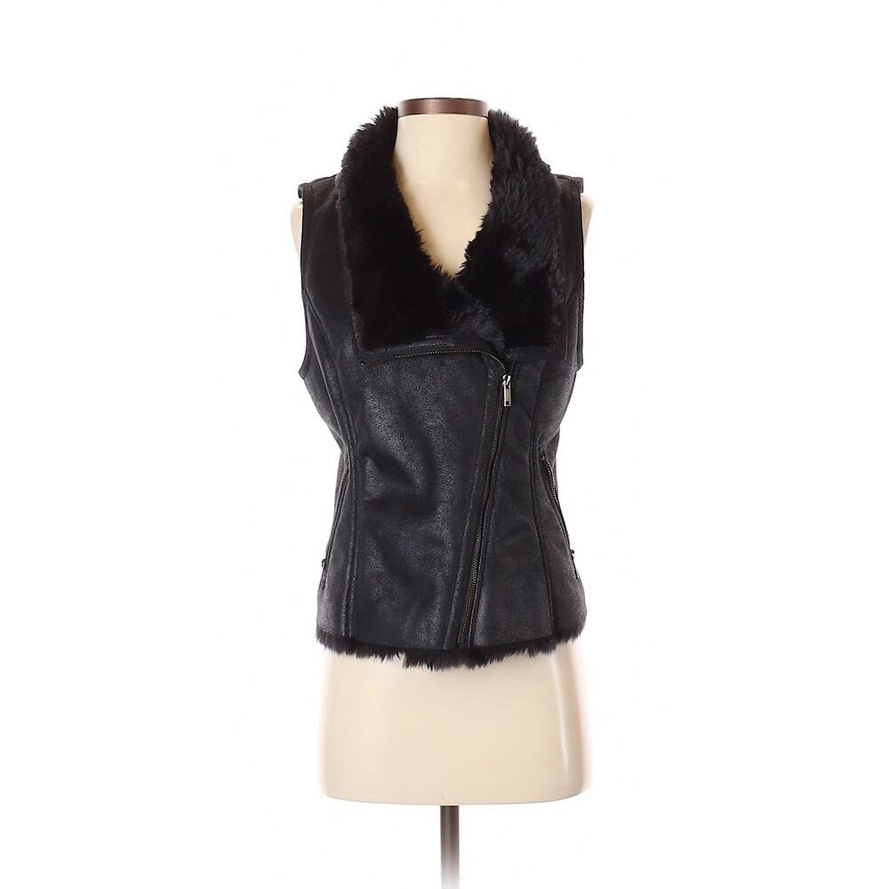 BANANA REPUBLIC Black Faux Suede & Fur Shearling Motorcycle Vest - Petite Small